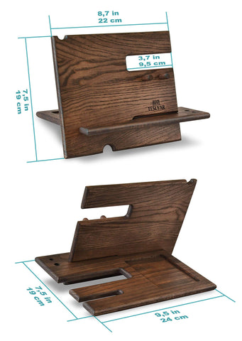 Wood Phone Docking Station – Ash with Key Hooks, Wallet Stand, & Watch Holder