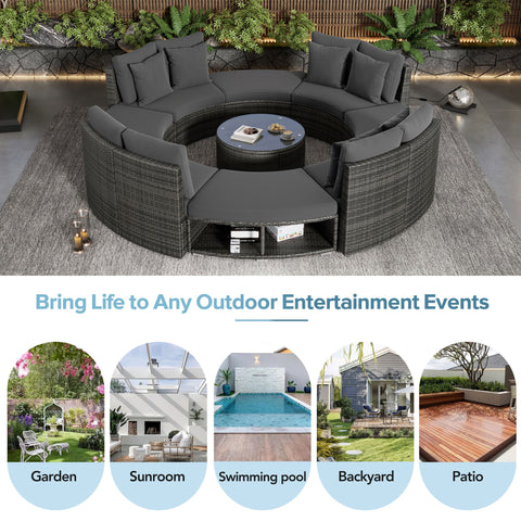 9-Piece Luxury Outdoor Patio Furniture Set - Circular Sofa