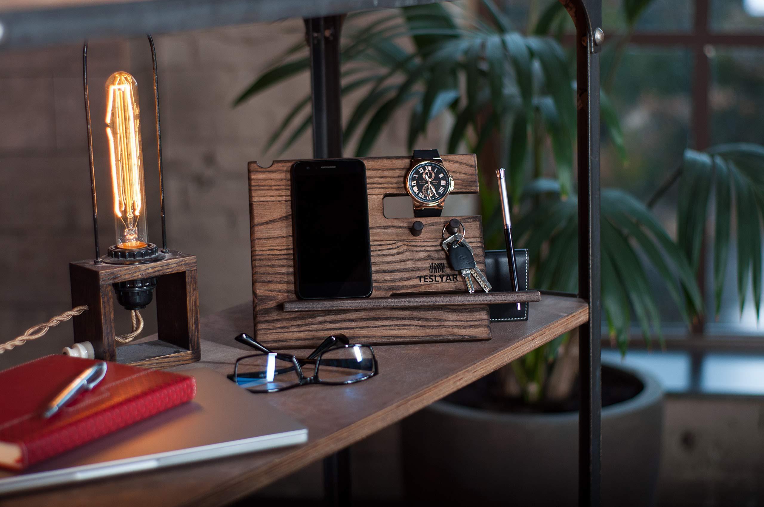 Wood Phone Docking Station – Ash with Key Hooks, Wallet Stand, & Watch Holder