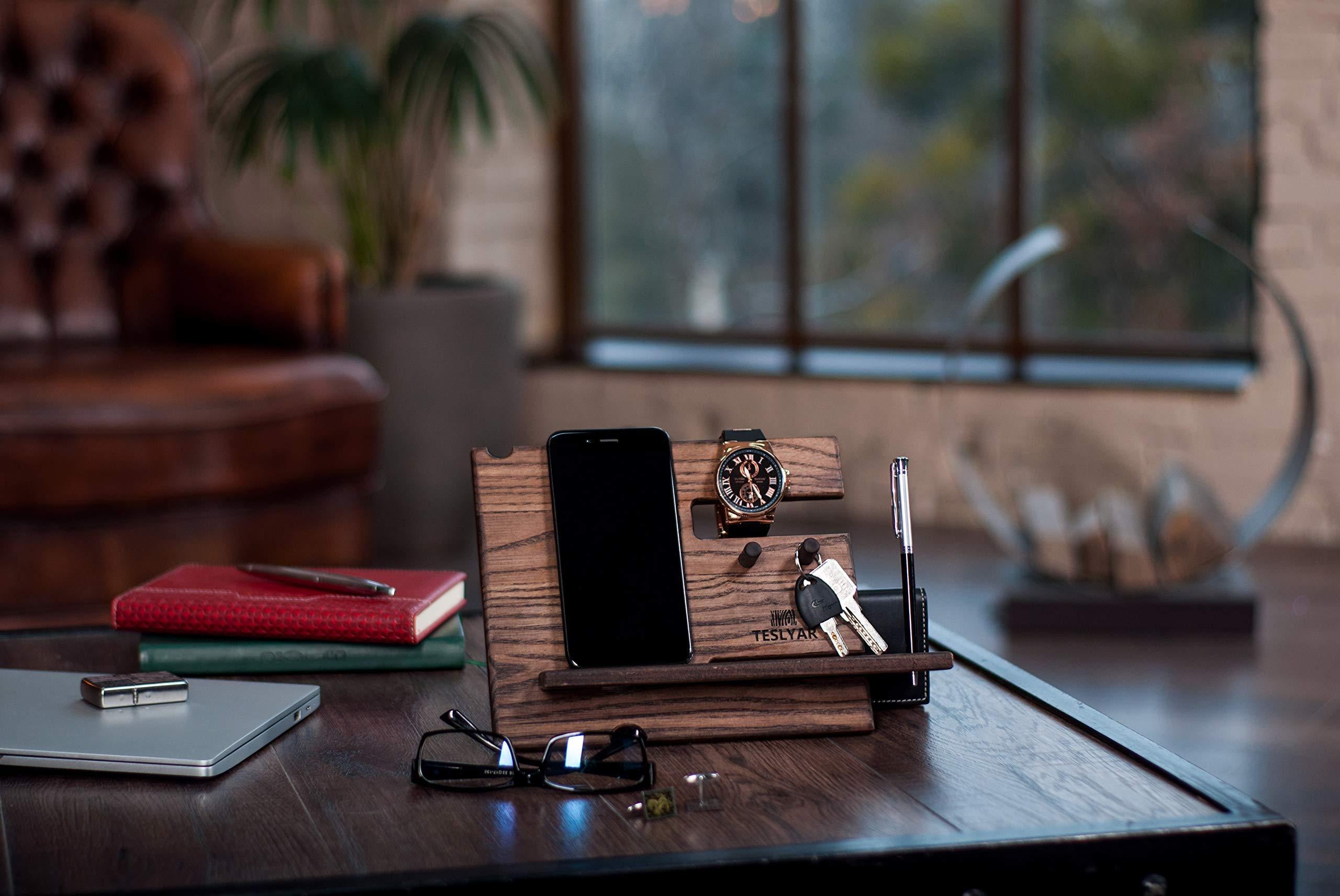 Wood Phone Docking Station – Ash with Key Hooks, Wallet Stand, & Watch Holder