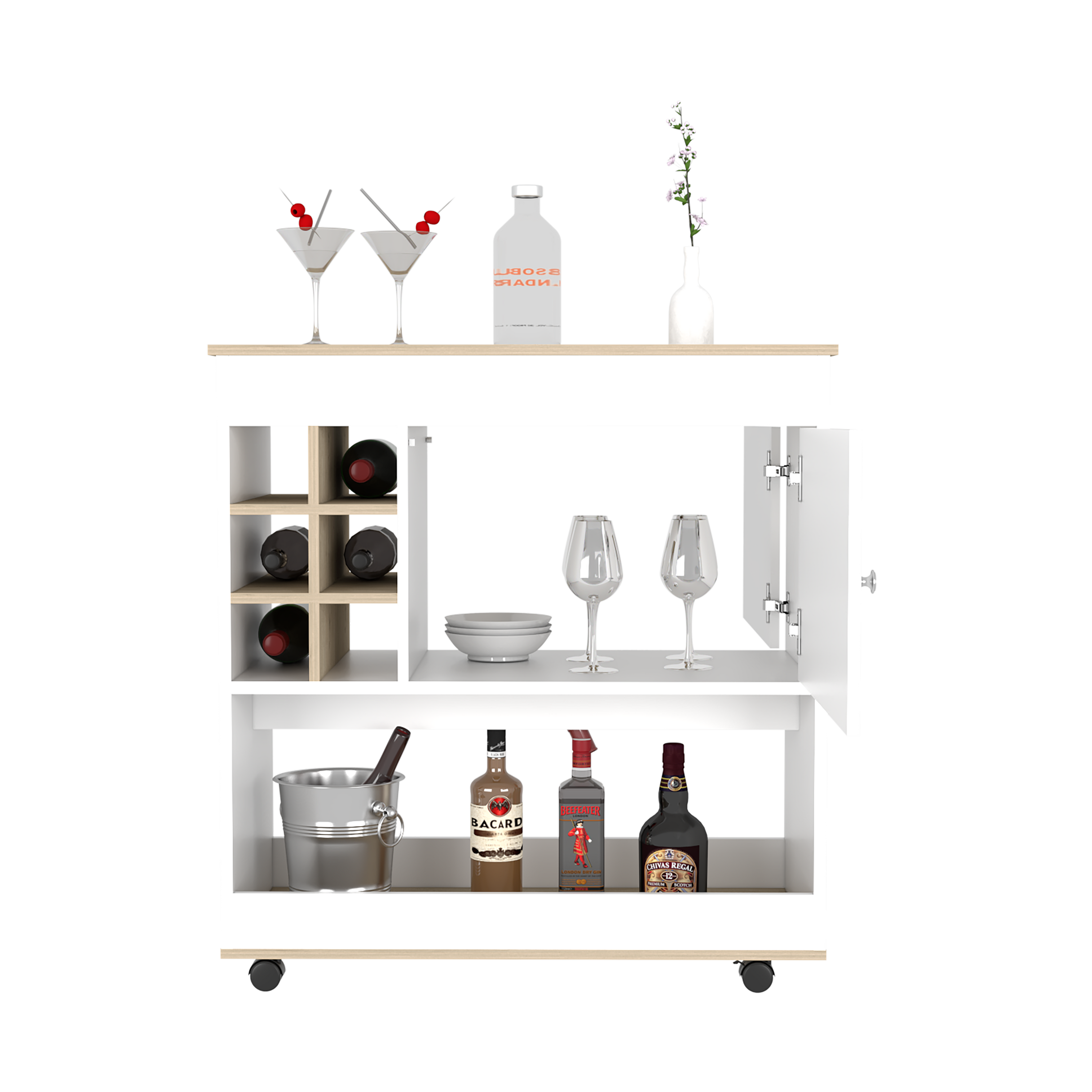 Aloha Bar Cart - Light Finish, Six Bottle Cubbies, Lower Panel & Cabinet

