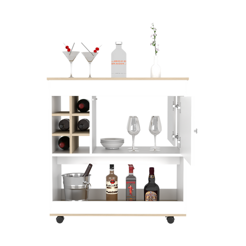 Aloha Bar Cart - Light Finish, Six Bottle Cubbies, Lower Panel & Cabinet

