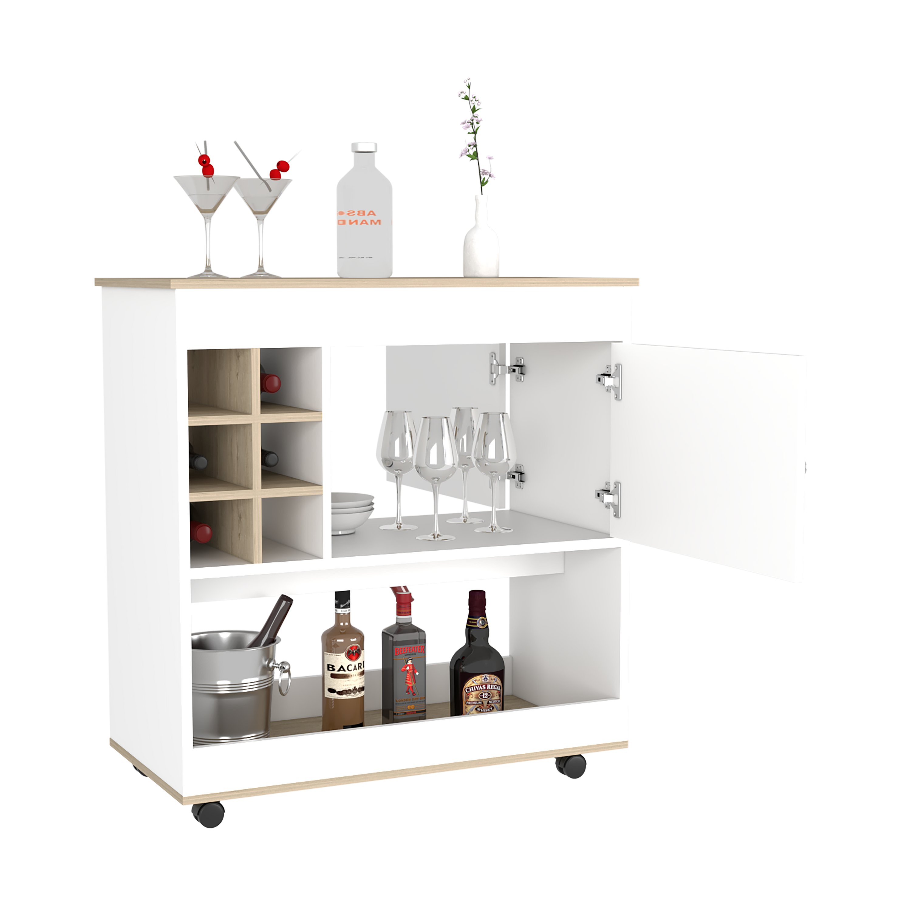 Aloha Bar Cart - Light Finish, Six Bottle Cubbies, Lower Panel & Cabinet

