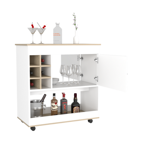 Aloha Bar Cart - Light Finish, Six Bottle Cubbies, Lower Panel & Cabinet

