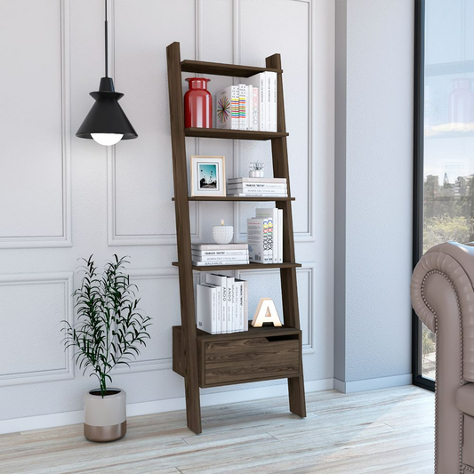 Ladder Bookcase Bull, One Drawer, Five Open Shelves, Dark Walnut