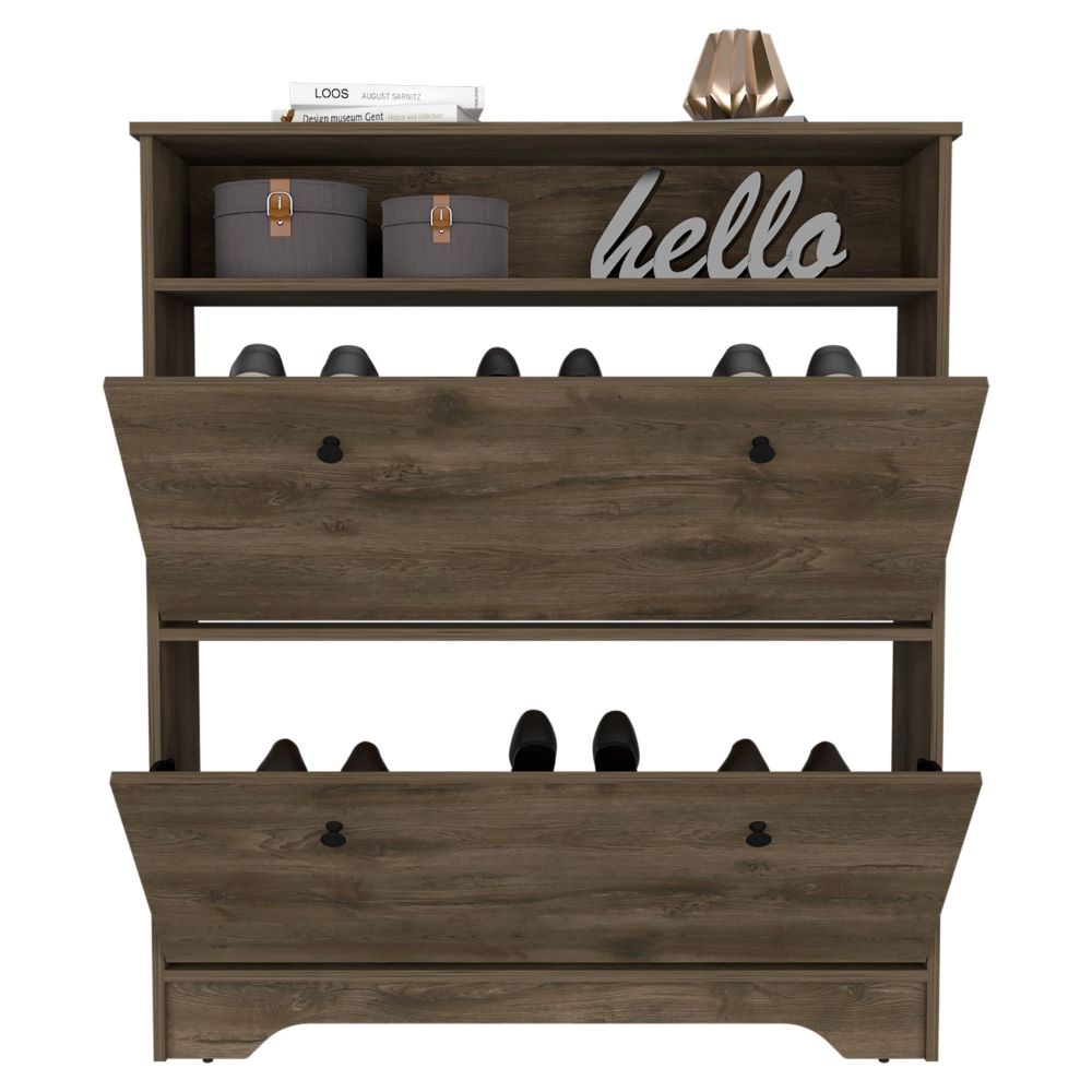 Shoe Rack Dublin, One Open Shelf, Two Extendable Cabinets, Dark Brown