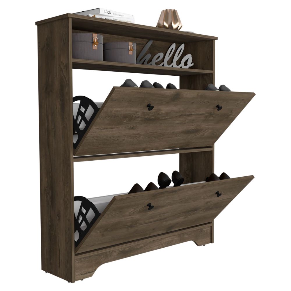 Shoe Rack Dublin, One Open Shelf, Two Extendable Cabinets, Dark Brown