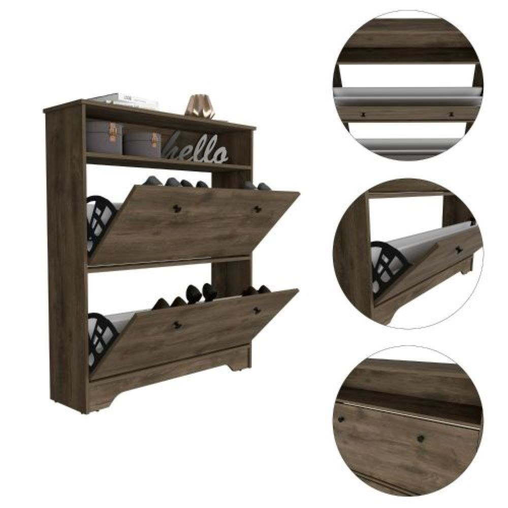 Shoe Rack Dublin, One Open Shelf, Two Extendable Cabinets, Dark Brown