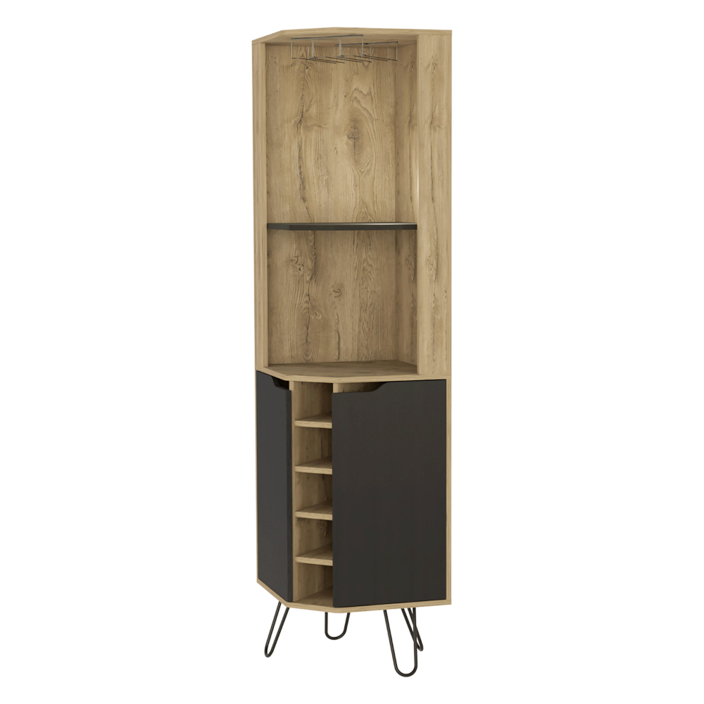 Leverkusen Corner Bar Cabinet - Aged Oak/Black Finish, Six Wine Cubbies

