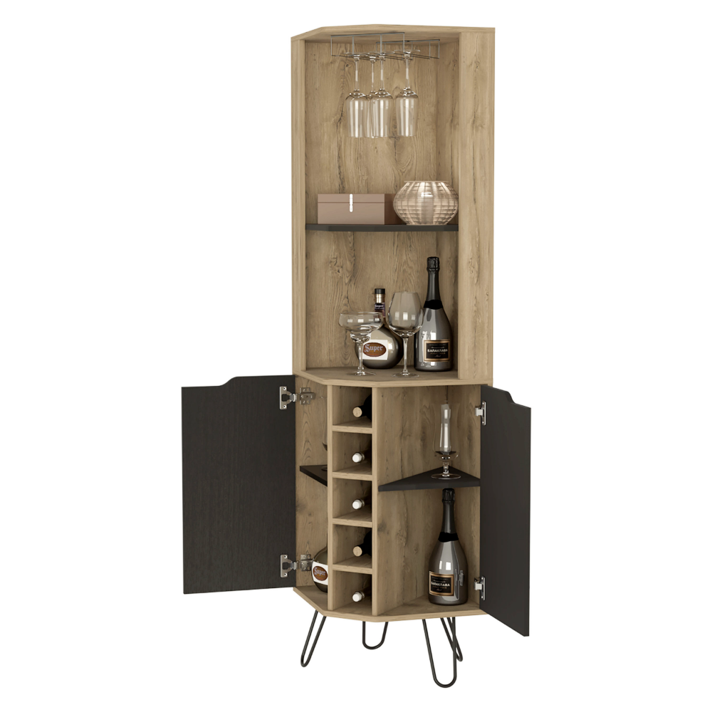 Leverkusen Corner Bar Cabinet - Aged Oak/Black Finish, Six Wine Cubbies

