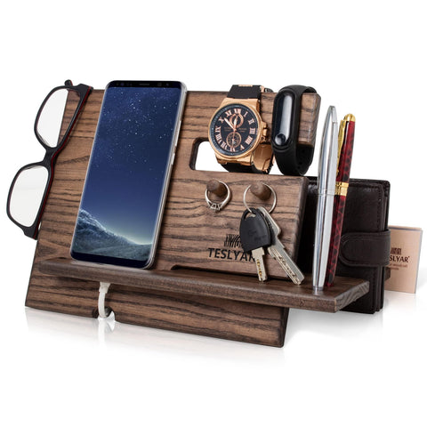 Wood Phone Docking Station – Ash with Key Hooks, Wallet Stand, & Watch Holder