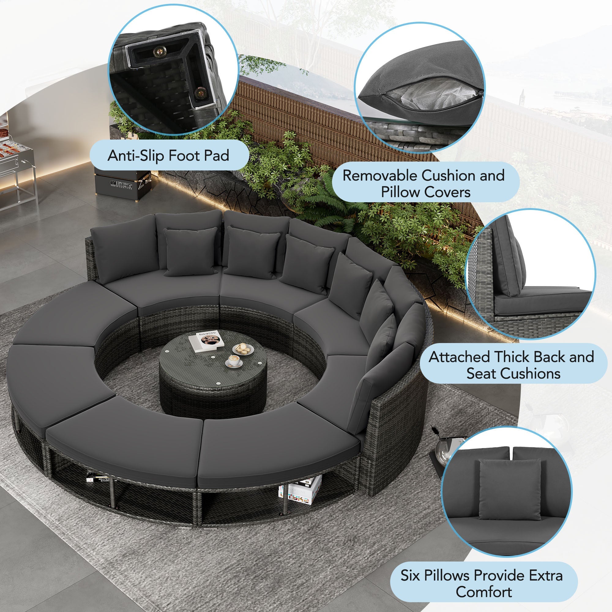 9-Piece Luxury Outdoor Patio Furniture Set - Circular Sofa