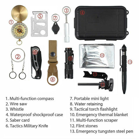 14 in 1 Outdoor Emergency Survival Kit - Essential Camping and Safety Gear

